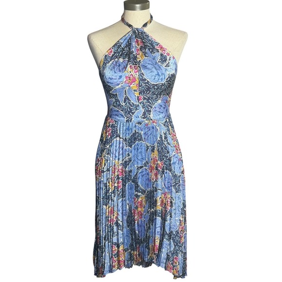 Maggy London Dresses & Skirts - Maggy London Blue Floral Halter Pleated Handkerchief Hem Midi Dress Size 0